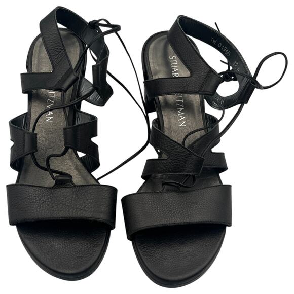 Stuart Weitzman Tiegirlbingo Lace Up Strappy Leather Block Heel Sandal Black 6.5 - Picture 1 of 6